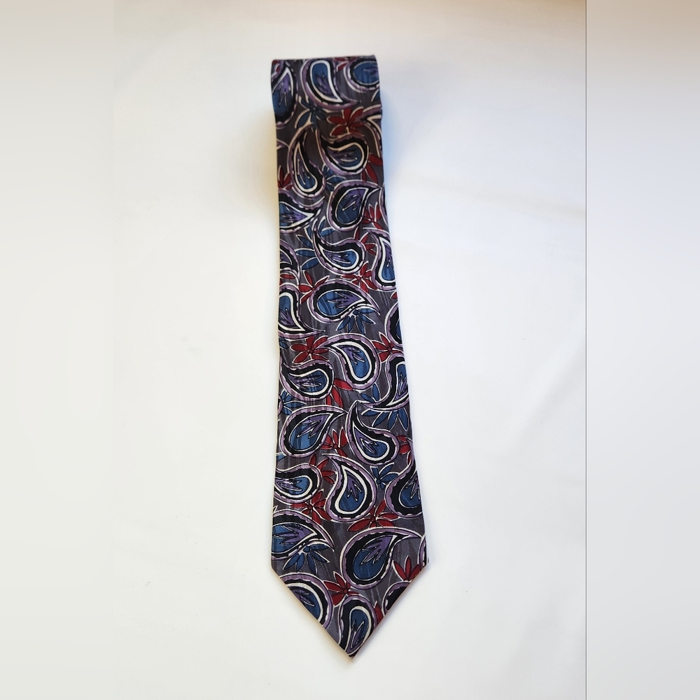 Linea Moda Mens Neck Tie Blue Red Purple Floral Water Drops Print 100% Silk